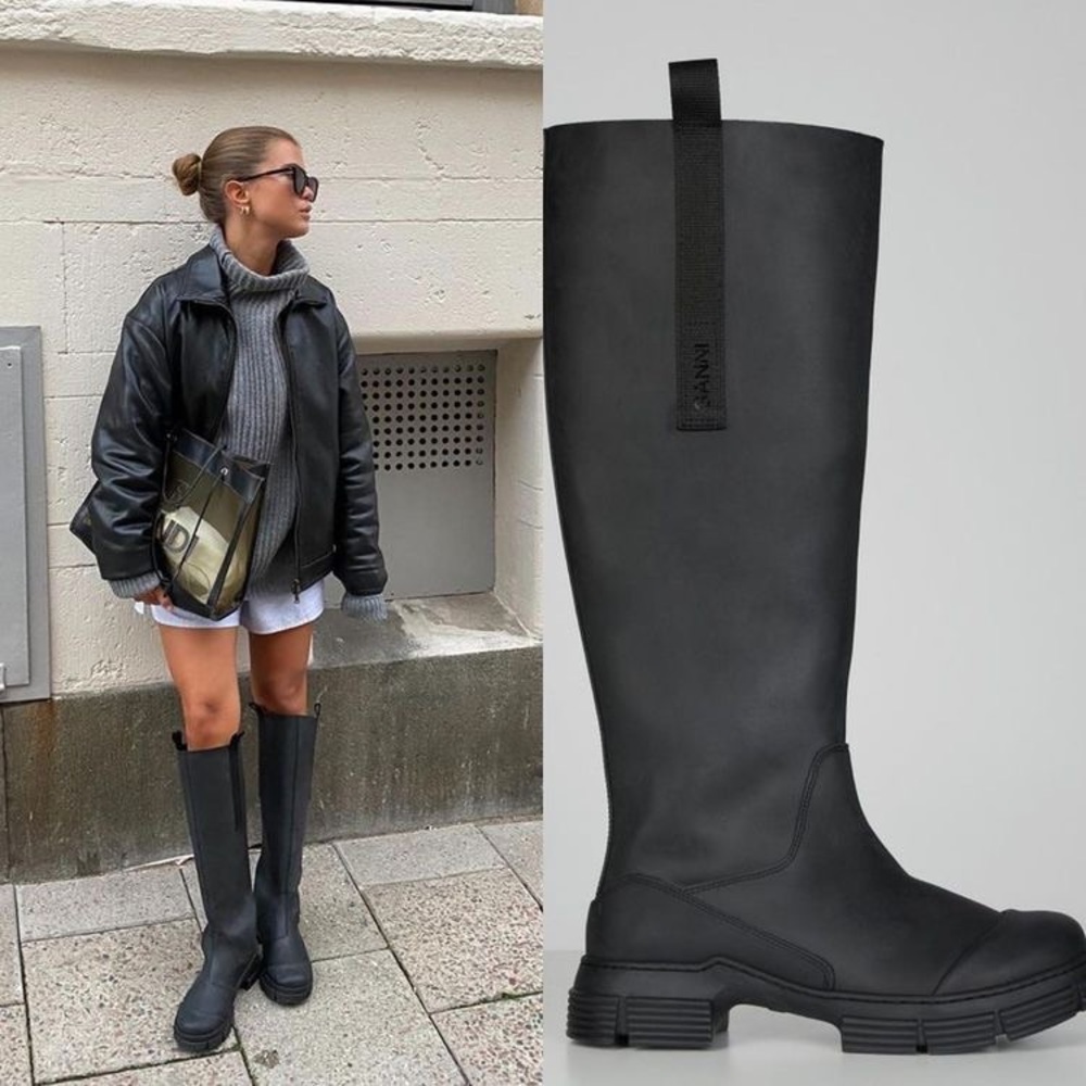 GANNI Black Recycled Rubber Country Boots Faux Fur Lined, Size 36, NEW IN BOX